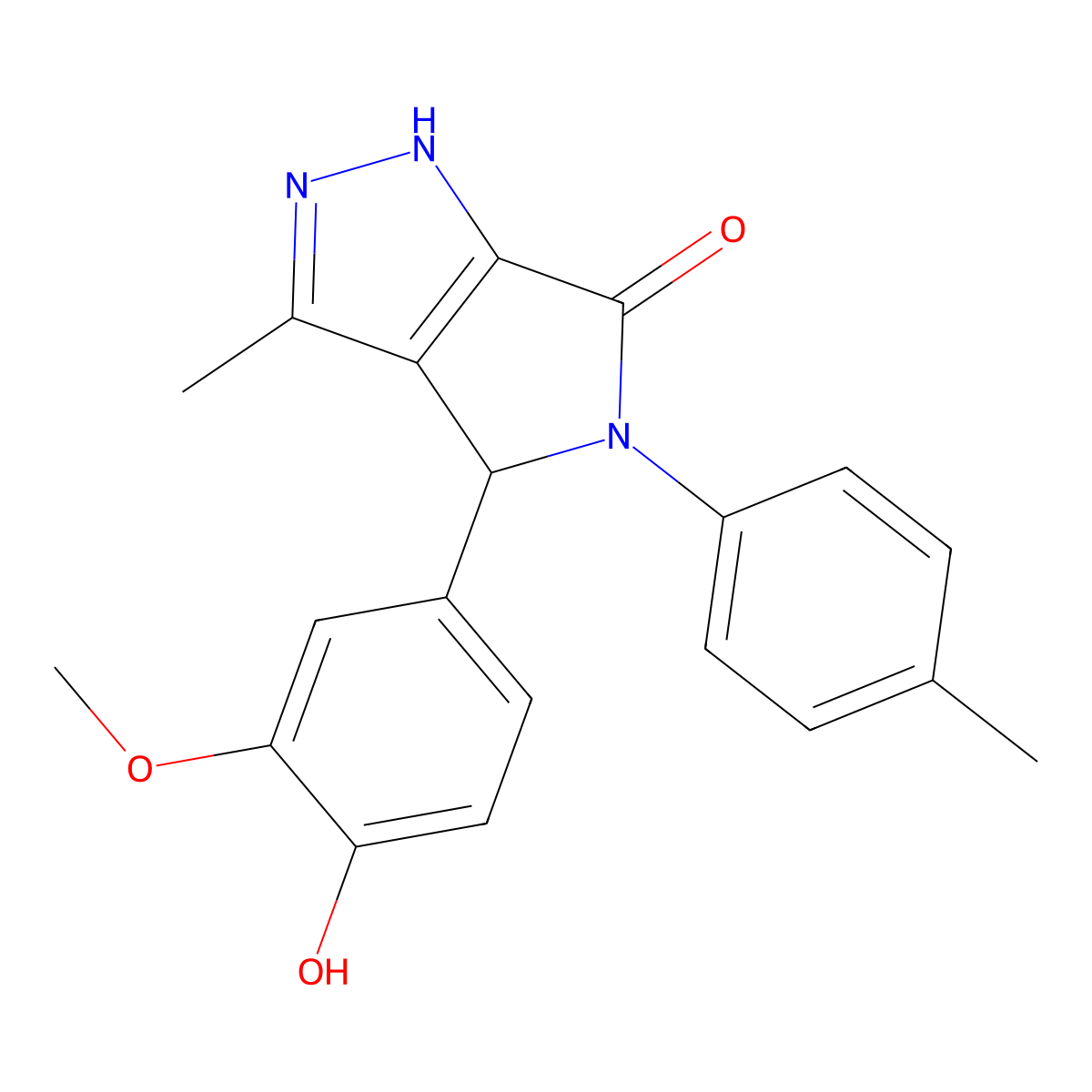 4-(4-hydroxy-3-methoxyphenyl)-3-methyl-5-(4-methylphenyl)-4,5-dihydropyrrolo[3,4-c]pyrazol-6(1H)-one molecular structure, CAS 573942-06-0