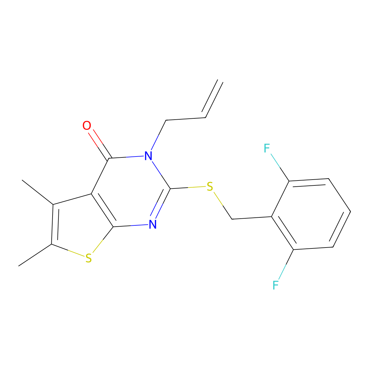 2-[(2,6-difluorobenzyl)sulfanyl]-5,6-dimethyl-3-(prop-2-en-1-yl)thieno[2,3-d]pyrimidin-4(3H)-one molecular structure, CAS 573942-49-1