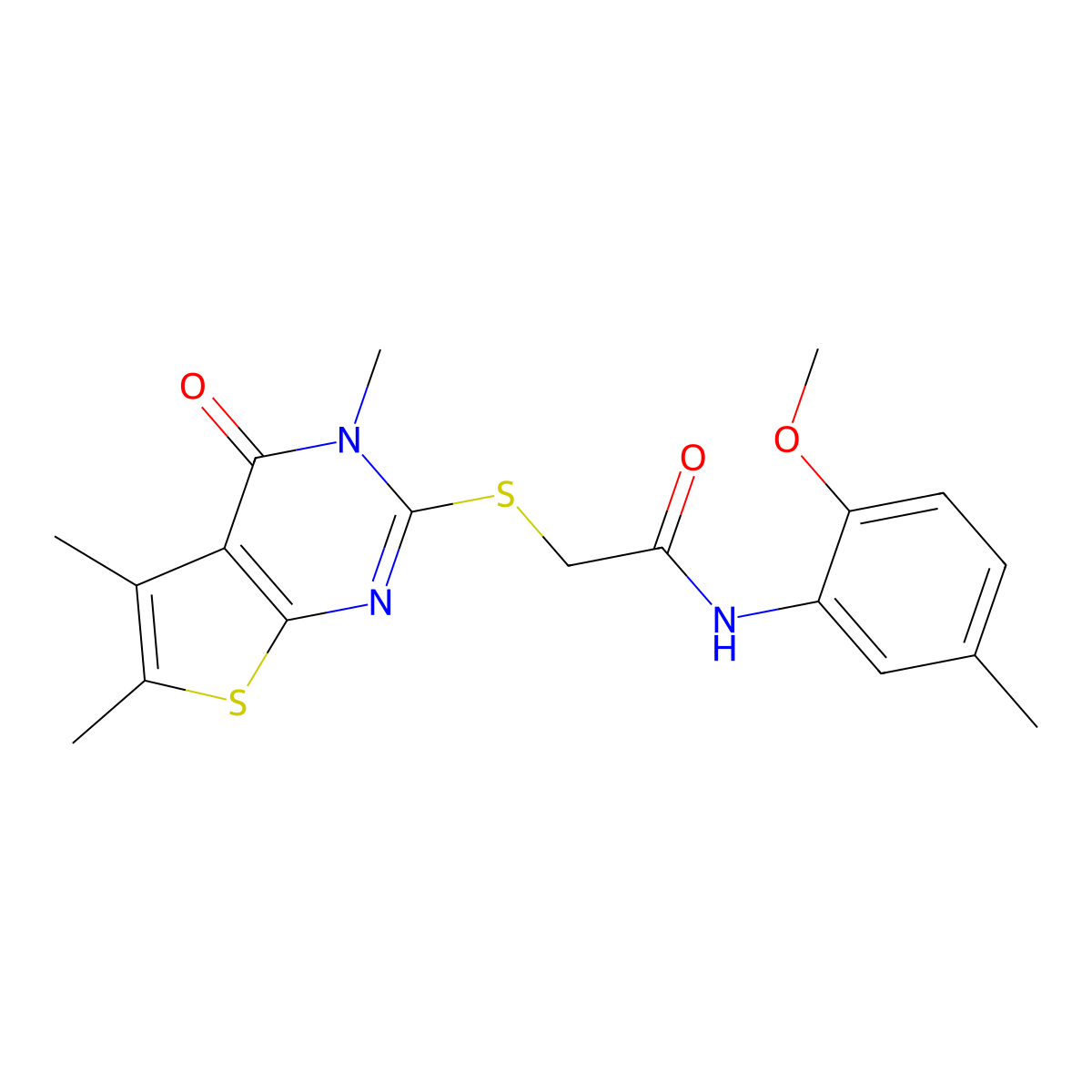N-(2-methoxy-5-methylphenyl)-2-(3,5,6-trimethyl-4-oxo(3-hydrothiopheno[2,3-d]p yrimidin-2-ylthio))acetamide molecular structure, CAS 573942-80-0