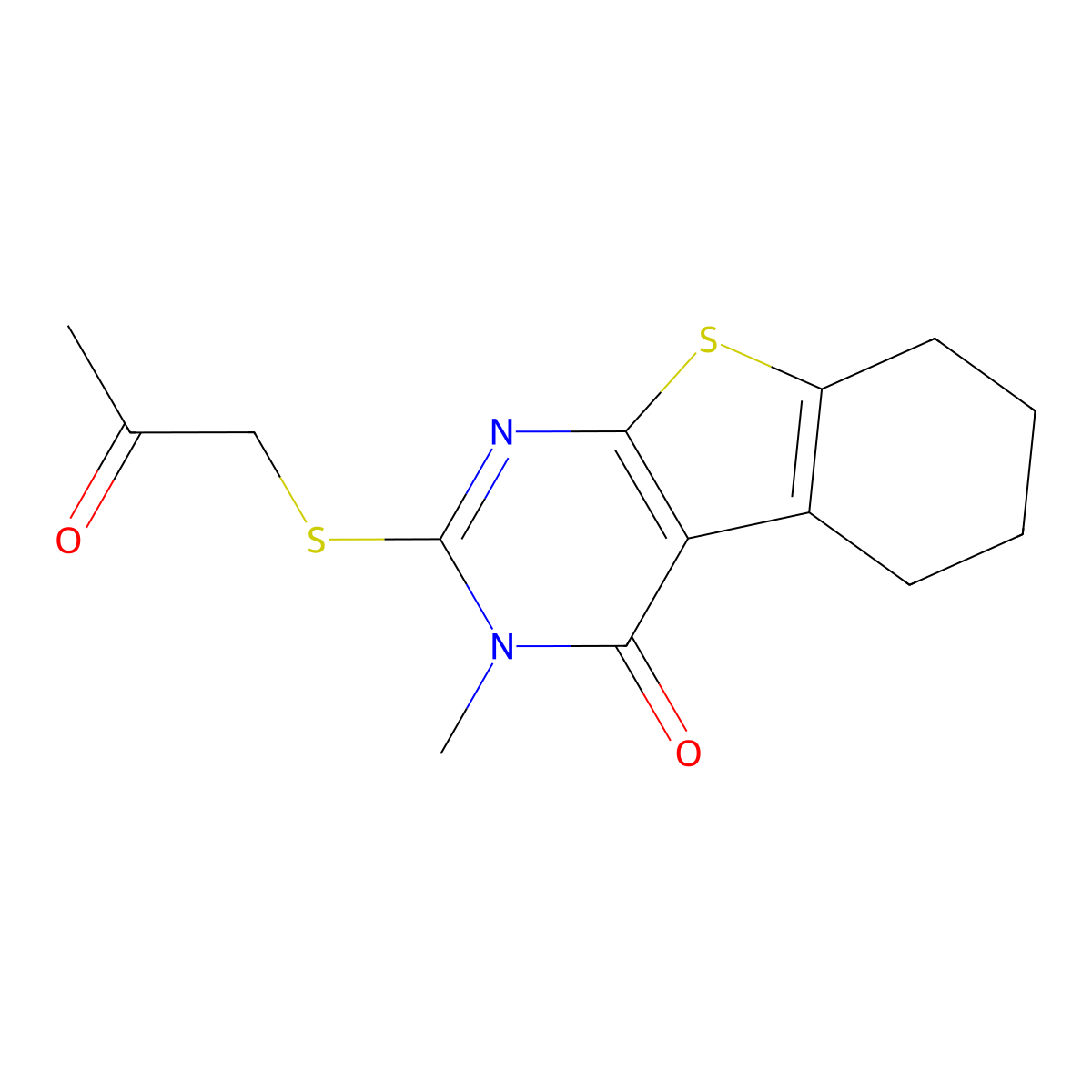 3-methyl-2-[(2-oxopropyl)sulfanyl]-5,6,7,8-tetrahydro[1]benzothieno[2,3-d]pyrimidin-4(3H)-one molecular structure, CAS 573942-93-5