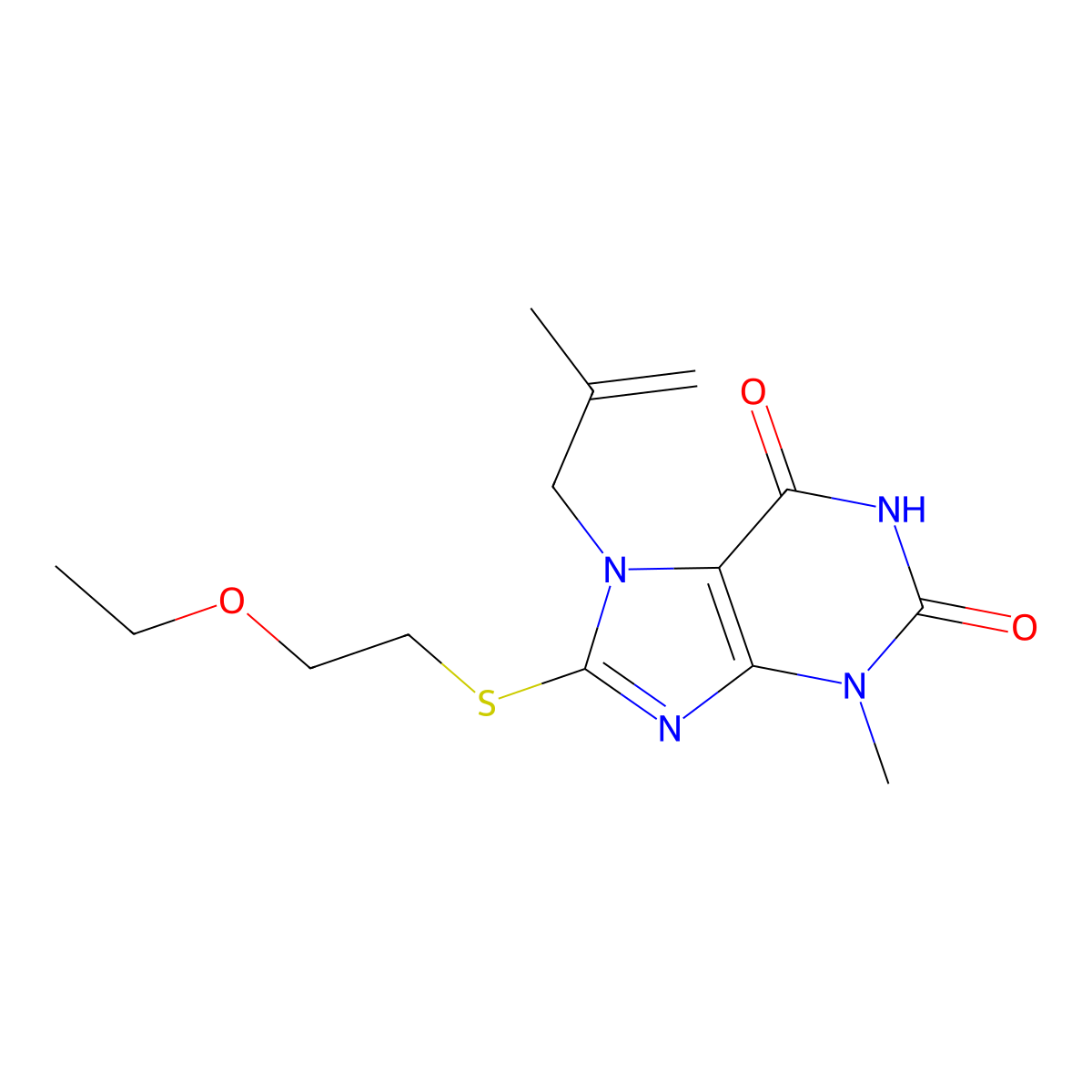 8-(2-Ethoxyethylsulfanyl)-3-methyl-7-(2-methylprop-2-enyl)purine-2,6-dione molecular structure, CAS 573943-42-7