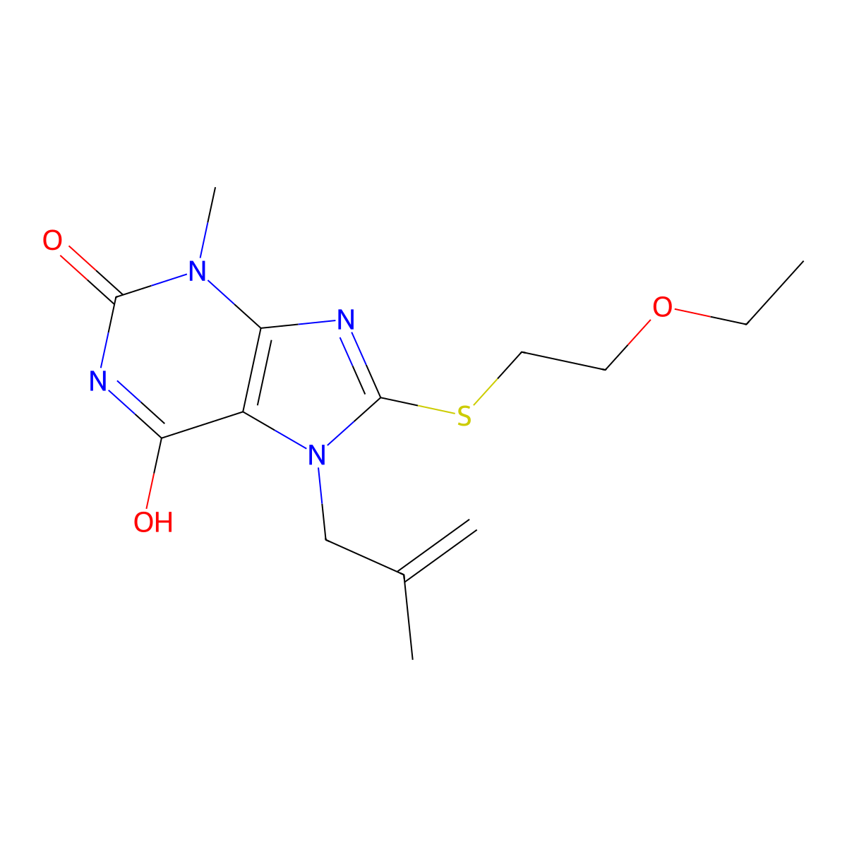 8-(2-Ethoxyethylsulfanyl)-3-methyl-7-(2-methylprop-2-enyl)purine-2,6-dione molecular structure, CAS 573943-42-7