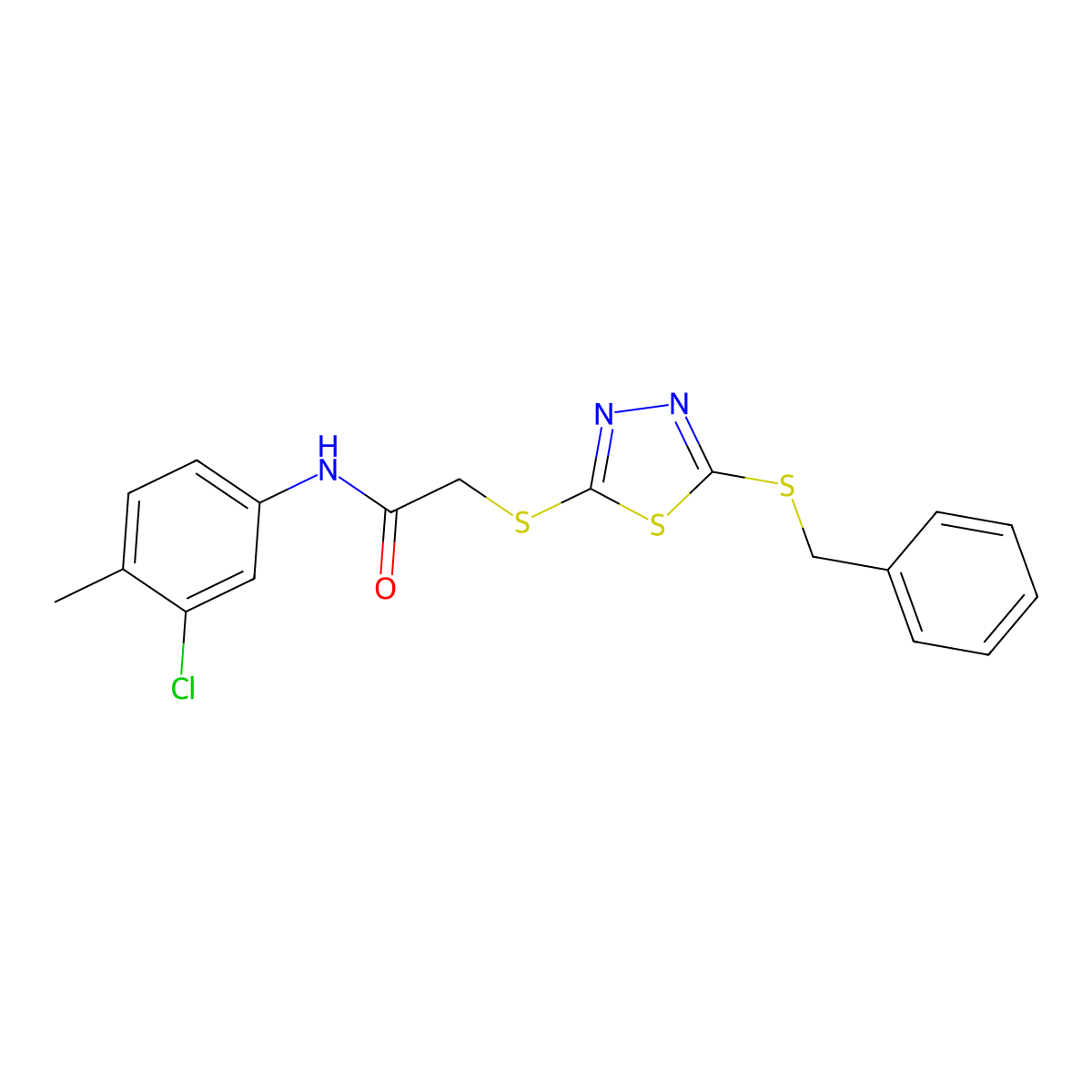 2-((5-(Benzylthio)-1,3,4-thiadiazol-2-YL)thio)-N-(3-CL-4-methylphenyl)acetamide molecular structure, CAS 573943-43-8