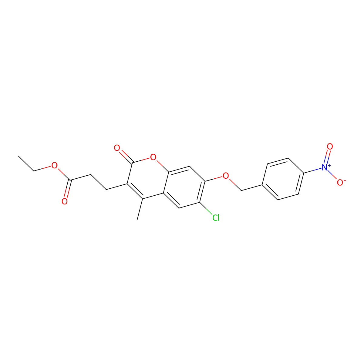 Ethyl 3-[6-chloro-4-methyl-7-[(4-nitrophenyl)methoxy]-2-oxochromen-3-yl]propanoate molecular structure, CAS 573943-50-7