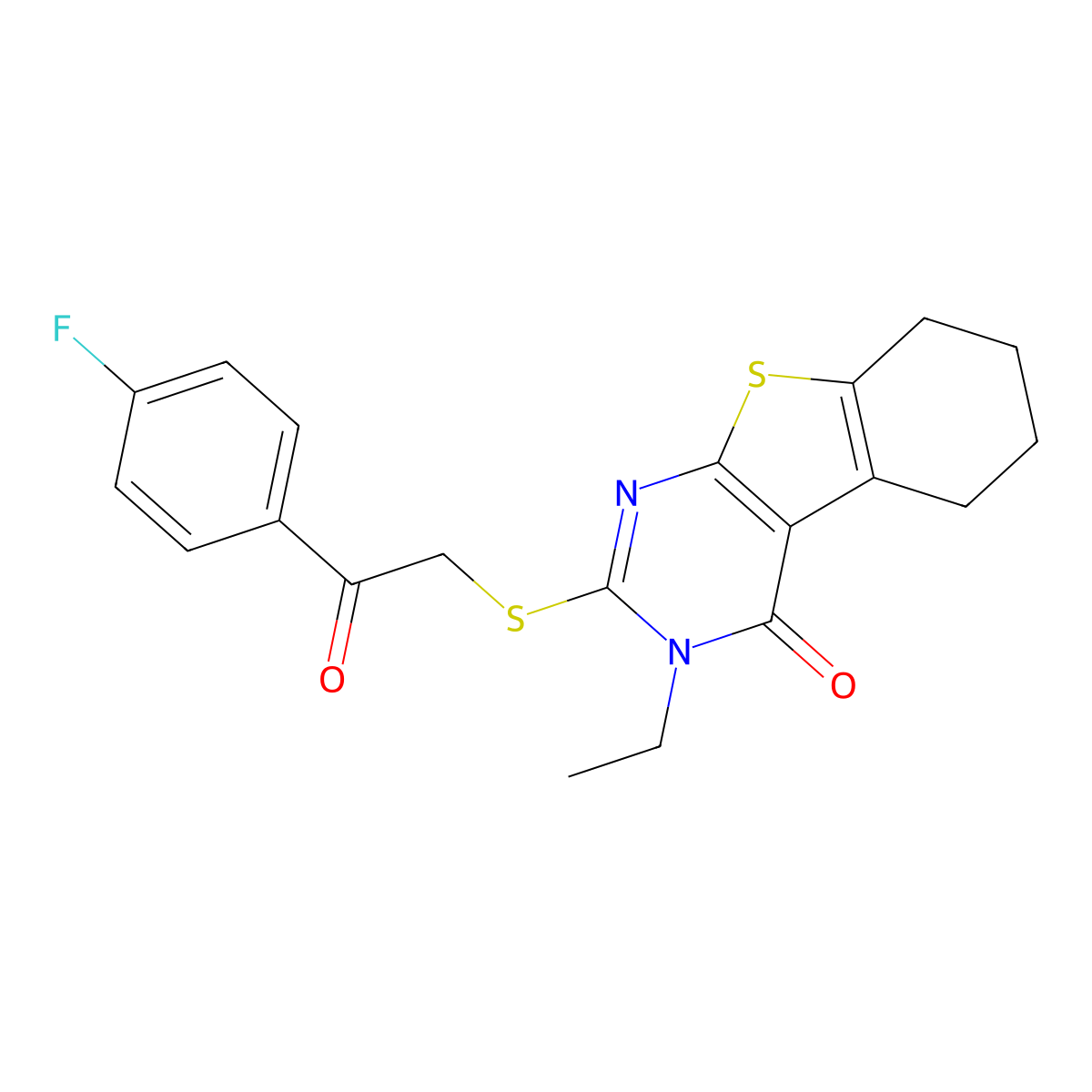 3-Ethyl-2-((2-(4-fluorophenyl)-2-oxoethyl)sulfanyl)-5,6,7,8-tetrahydro(1)benzothieno(2,3-D)pyrimidin-4(3H)-one molecular structure, CAS 573943-57-4