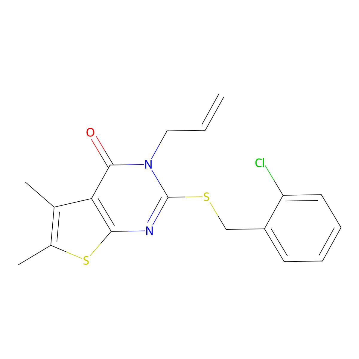 2-[(2-chlorobenzyl)sulfanyl]-5,6-dimethyl-3-(prop-2-en-1-yl)thieno[2,3-d]pyrimidin-4(3H)-one molecular structure, CAS 573943-58-5