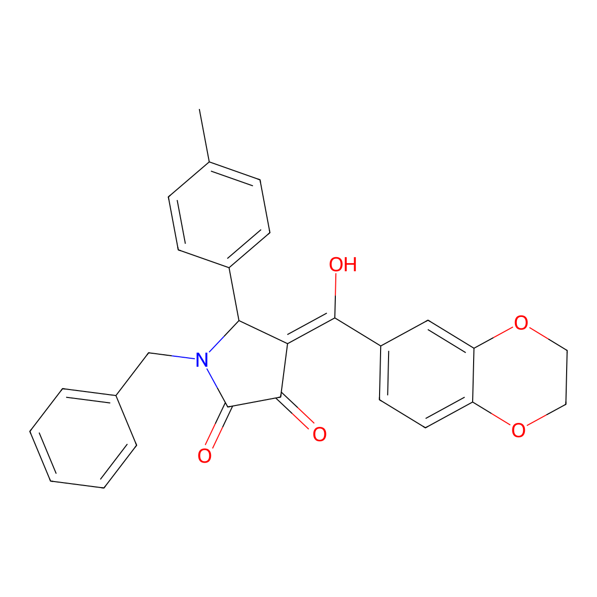 1-benzyl-4-(2,3-dihydro-1,4-benzodioxine-6-carbonyl)-3-hydroxy-5-(4-methylphenyl)-2,5-dihydro-1H-pyrrol-2-one molecular structure, CAS 573943-86-9