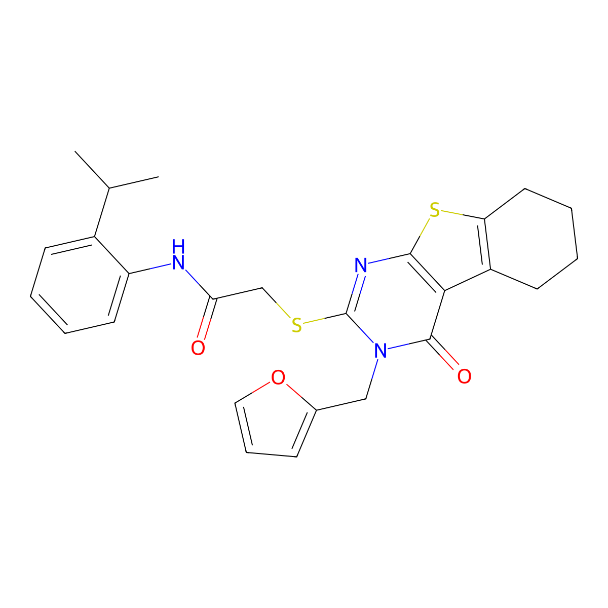 2-[3-(2-furylmethyl)-4-oxo(3,5,6,7,8-pentahydrobenzo[b]thiopheno[2,3-d]pyrimid in-2-ylthio)]-N-[2-(methylethyl)phenyl]acetamide molecular structure, CAS 573943-88-1