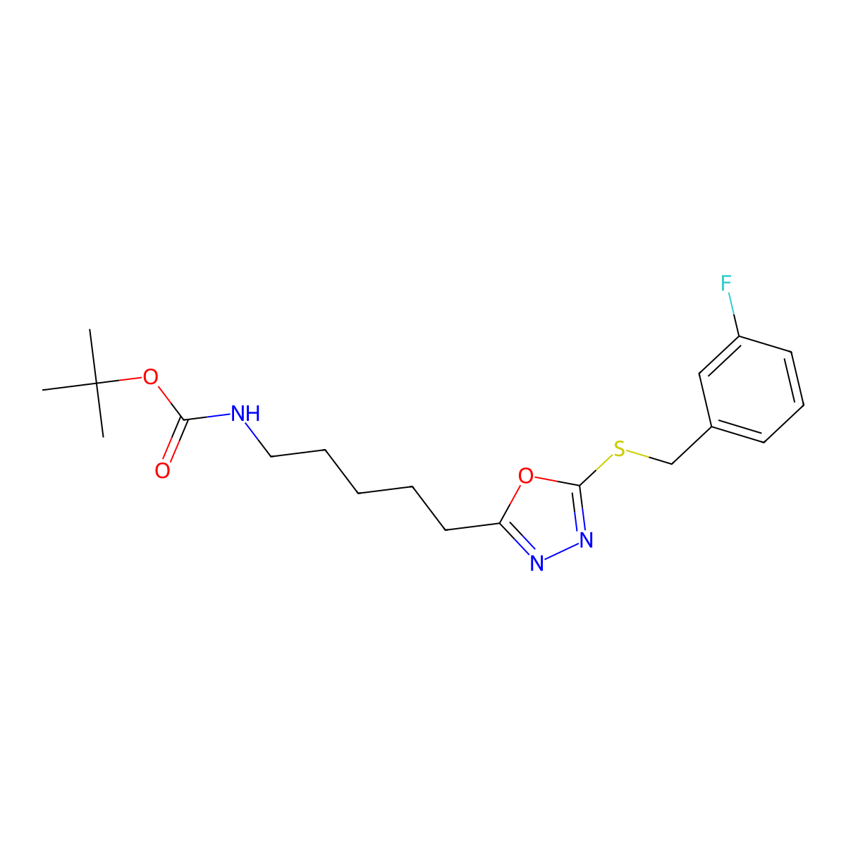 tert-butyl N-[5-[5-[(3-fluorophenyl)methylsulfanyl]-1,3,4-oxadiazol-2-yl]pentyl]carbamate molecular structure, CAS 573944-27-1