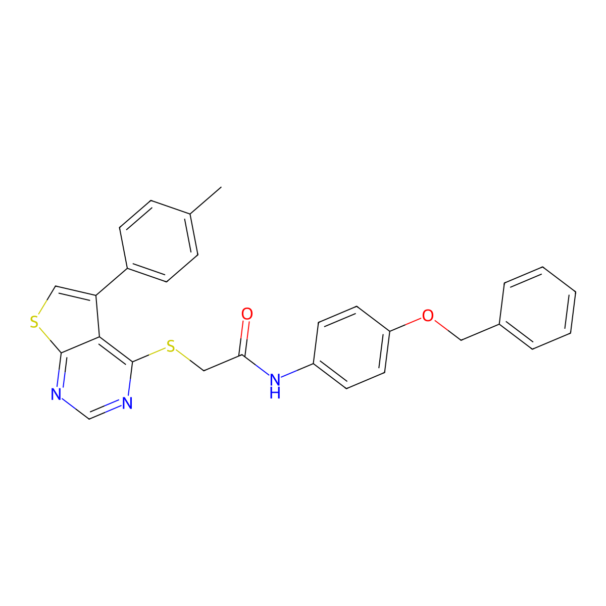 N-[4-(benzyloxy)phenyl]-2-{[5-(4-methylphenyl)thieno[2,3-d]pyrimidin-4-yl]sulfanyl}acetamide molecular structure, CAS 573944-64-6
