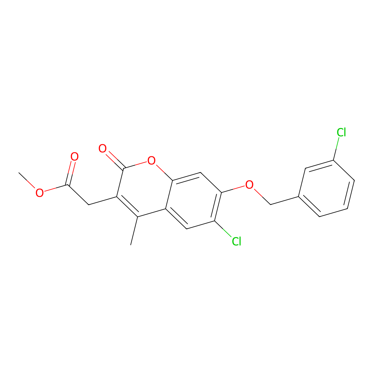 methyl {6-chloro-7-[(3-chlorobenzyl)oxy]-4-methyl-2-oxo-2H-chromen-3-yl}acetate molecular structure, CAS 573945-35-4