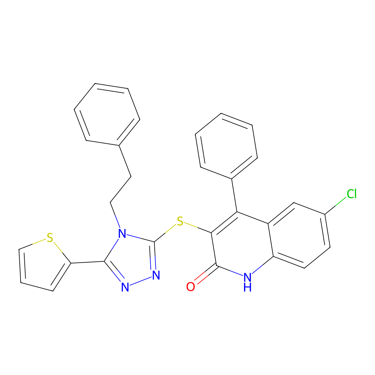 6-chloro-4-phenyl-3-{[4-(2-phenylethyl)-5-(2-thienyl)-4H-1,2,4-triazol-3-yl]sulfanyl}-2(1H)-quinolinone molecular structure, CAS 573945-40-1