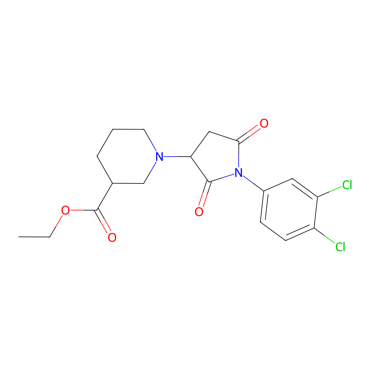 Ethyl 1-[1-(3,4-dichlorophenyl)-2,5-dioxopyrrolidin-3-yl]piperidine-3-carboxylate molecular structure, CAS 573945-47-8