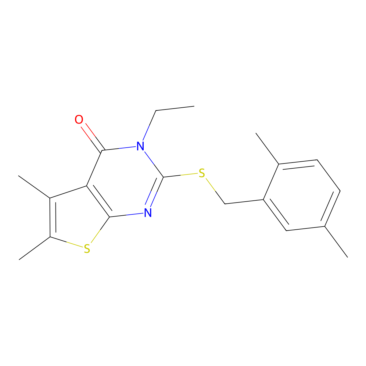 2-((2,5-Dimethylbenzyl)thio)-3-ET-5,6-dimethylthieno(2,3-D)pyrimidin-4(3H)-one molecular structure, CAS 573945-48-9