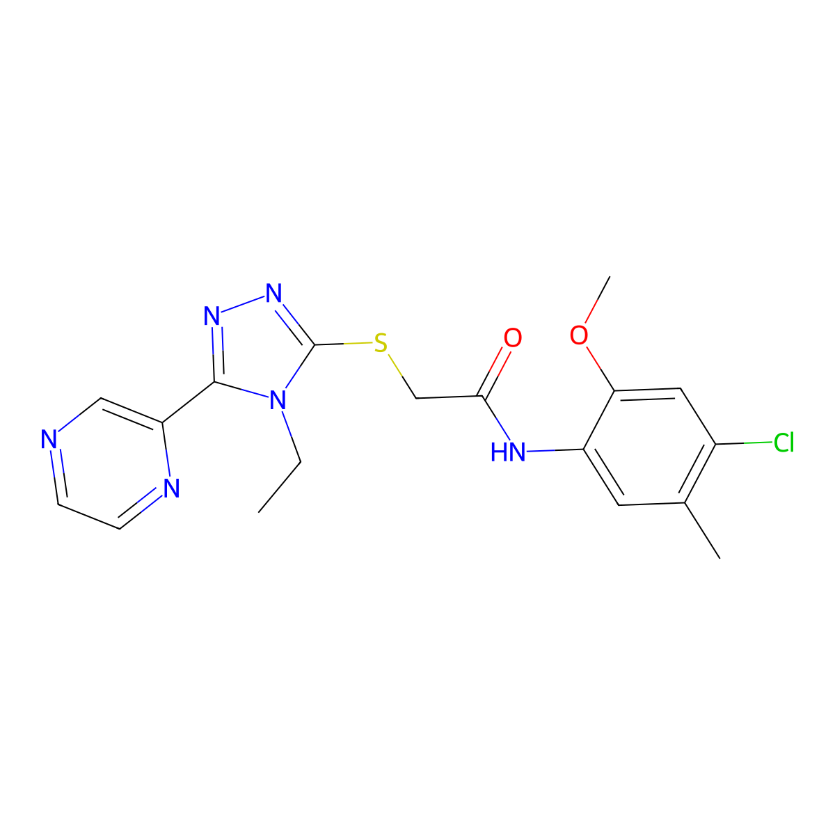 N-(4-Chloro-2-methoxy-5-methylphenyl)-2-{[4-ethyl-5-(2-pyrazinyl)-4H-1,2,4-triazol-3-YL]sulfanyl}acetamide molecular structure, CAS 573945-54-7