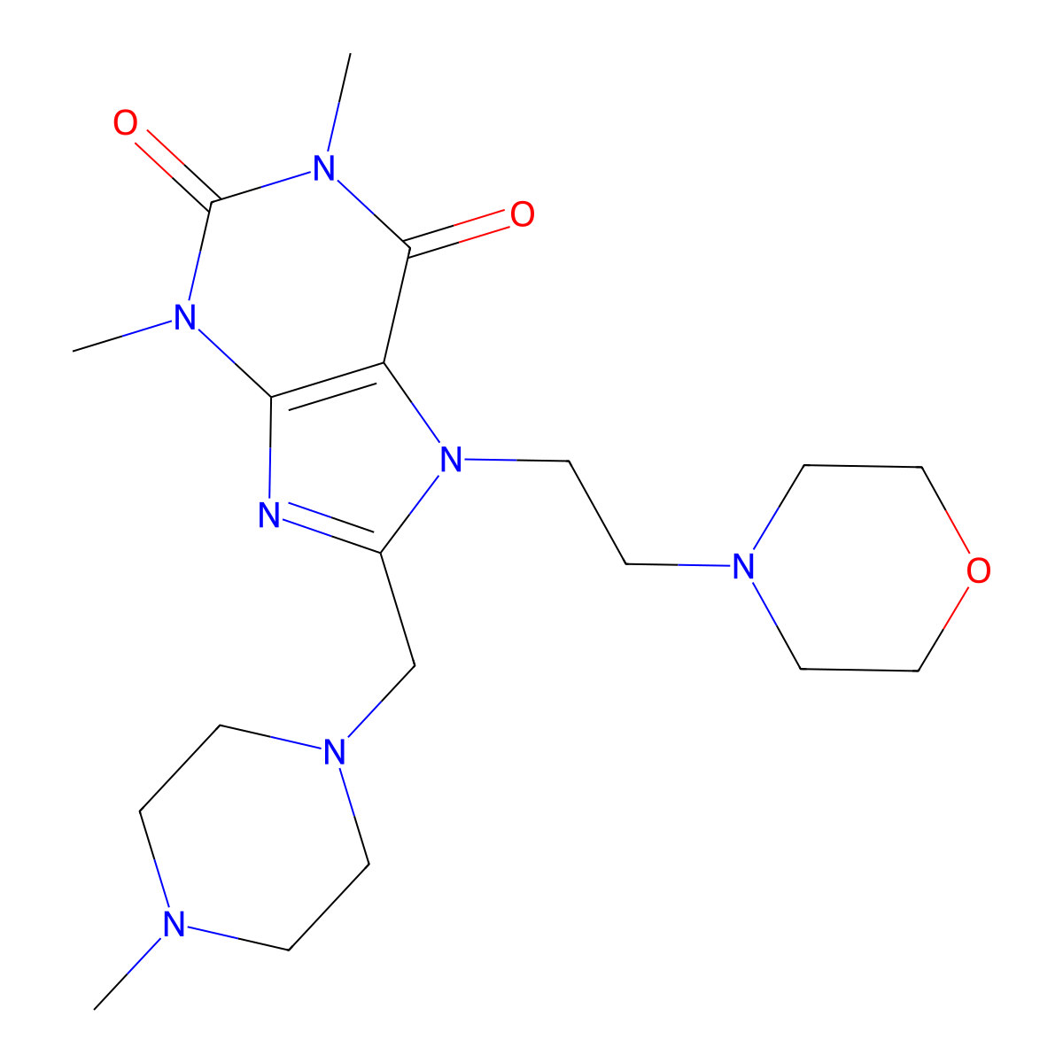1,3-dimethyl-8-((4-methylpiperazin-1-yl)methyl)-7-(2-morpholinoethyl)-1H-purine-2,6(3H,7H)-dione molecular structure, CAS 573946-55-1