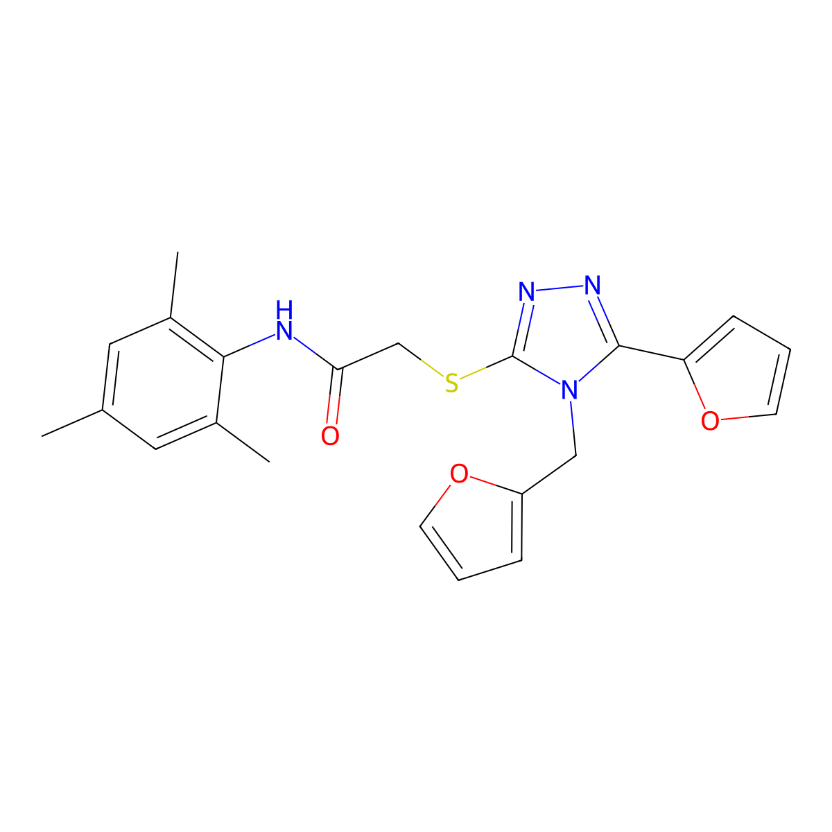 2-{[5-(furan-2-yl)-4-(furan-2-ylmethyl)-4H-1,2,4-triazol-3-yl]sulfanyl}-N-(2,4,6-trimethylphenyl)acetamide molecular structure, CAS 573946-76-6