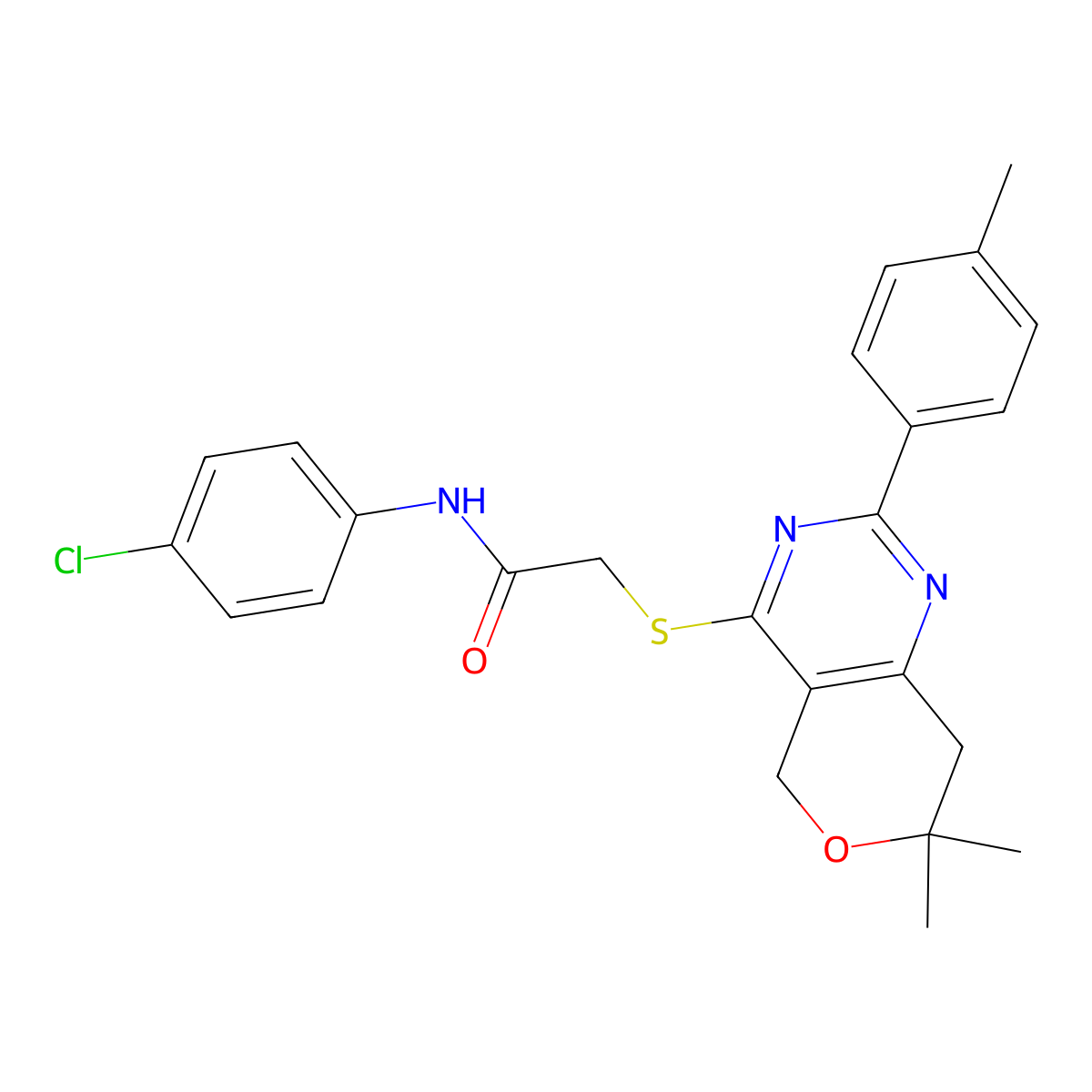 N-(4-chlorophenyl)-2-[[7,7-dimethyl-2-(4-methylphenyl)-5,8-dihydropyrano[4,3-d]pyrimidin-4-yl]sulfanyl]acetamide molecular structure, CAS 573946-96-0