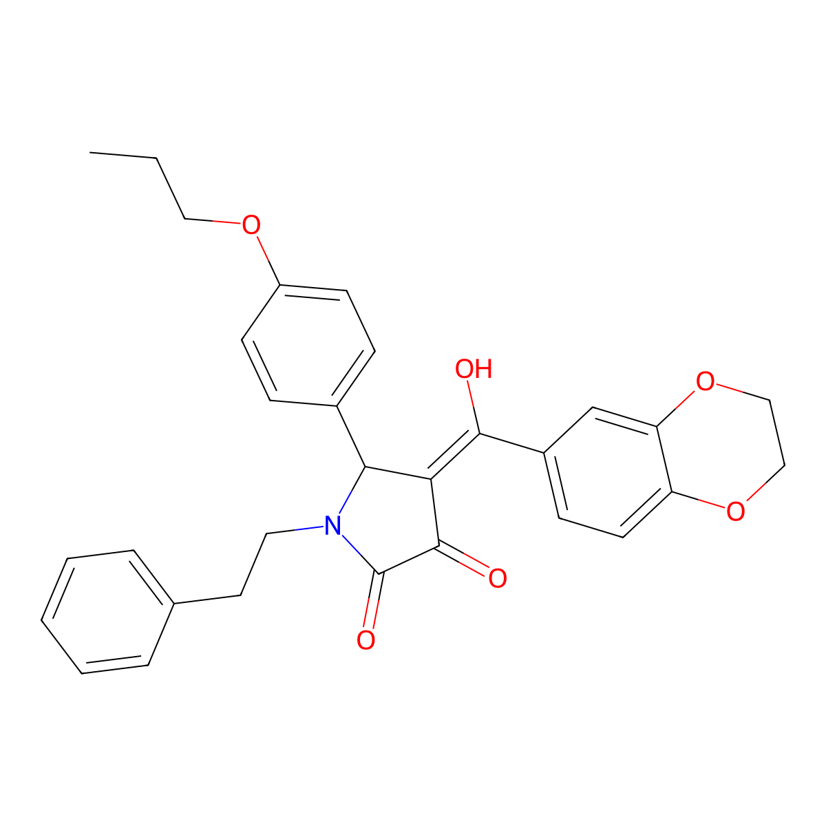4-(2,3-dihydro-1,4-benzodioxine-6-carbonyl)-3-hydroxy-1-(2-phenylethyl)-5-(4-propoxyphenyl)-2,5-dihydro-1H-pyrrol-2-one molecular structure, CAS 573947-29-2