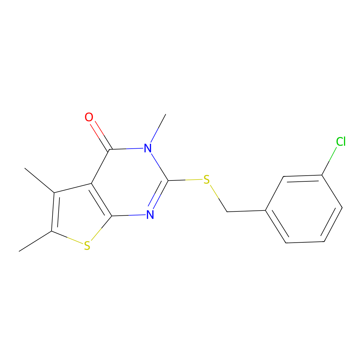 2-[(3-chlorobenzyl)sulfanyl]-3,5,6-trimethylthieno[2,3-d]pyrimidin-4(3H)-one molecular structure, CAS 573947-50-9