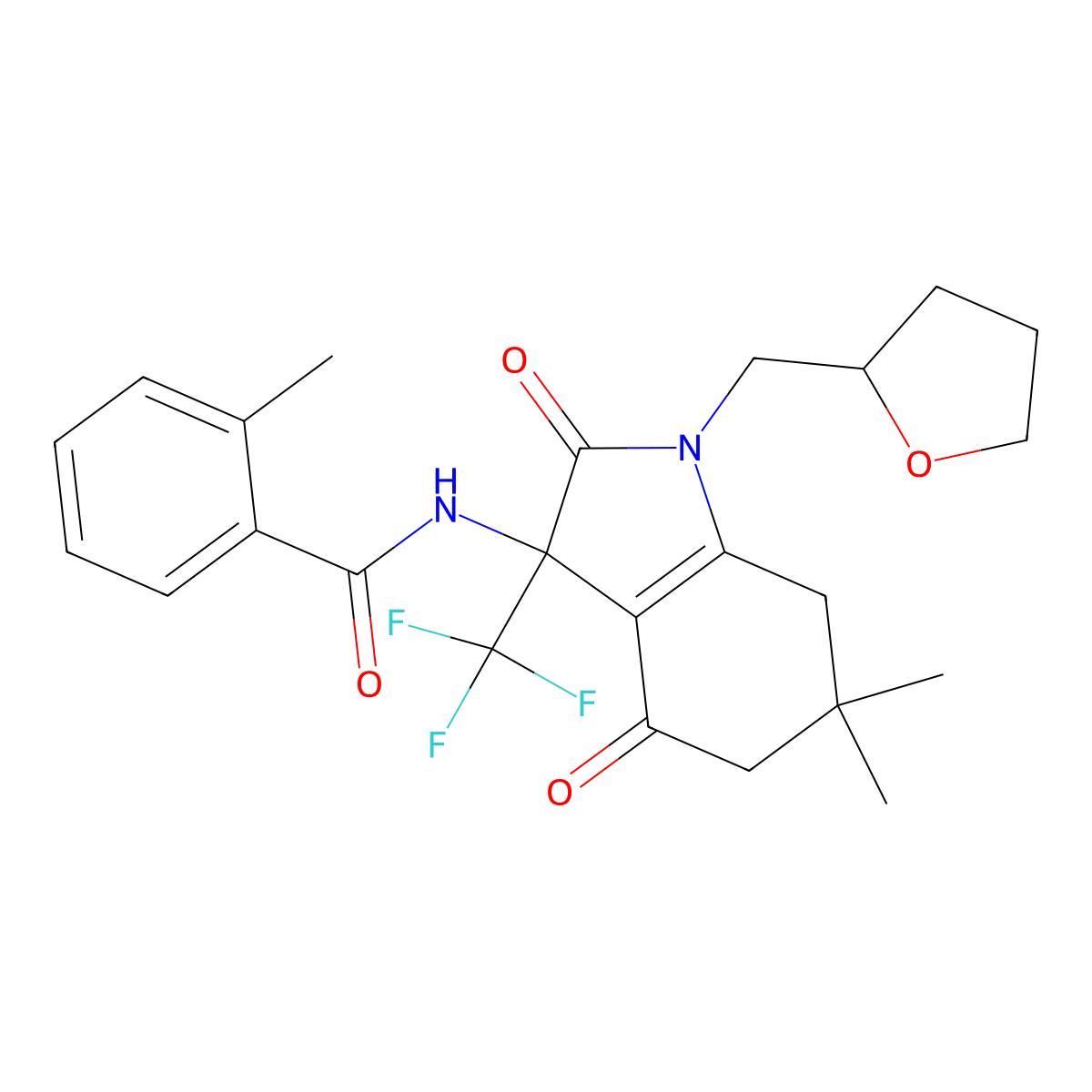 N-[6,6-dimethyl-2,4-dioxo-1-(oxolan-2-ylmethyl)-3-(trifluoromethyl)-5,7-dihydroindol-3-yl]-2-methylbenzamide molecular structure, CAS 573947-59-8