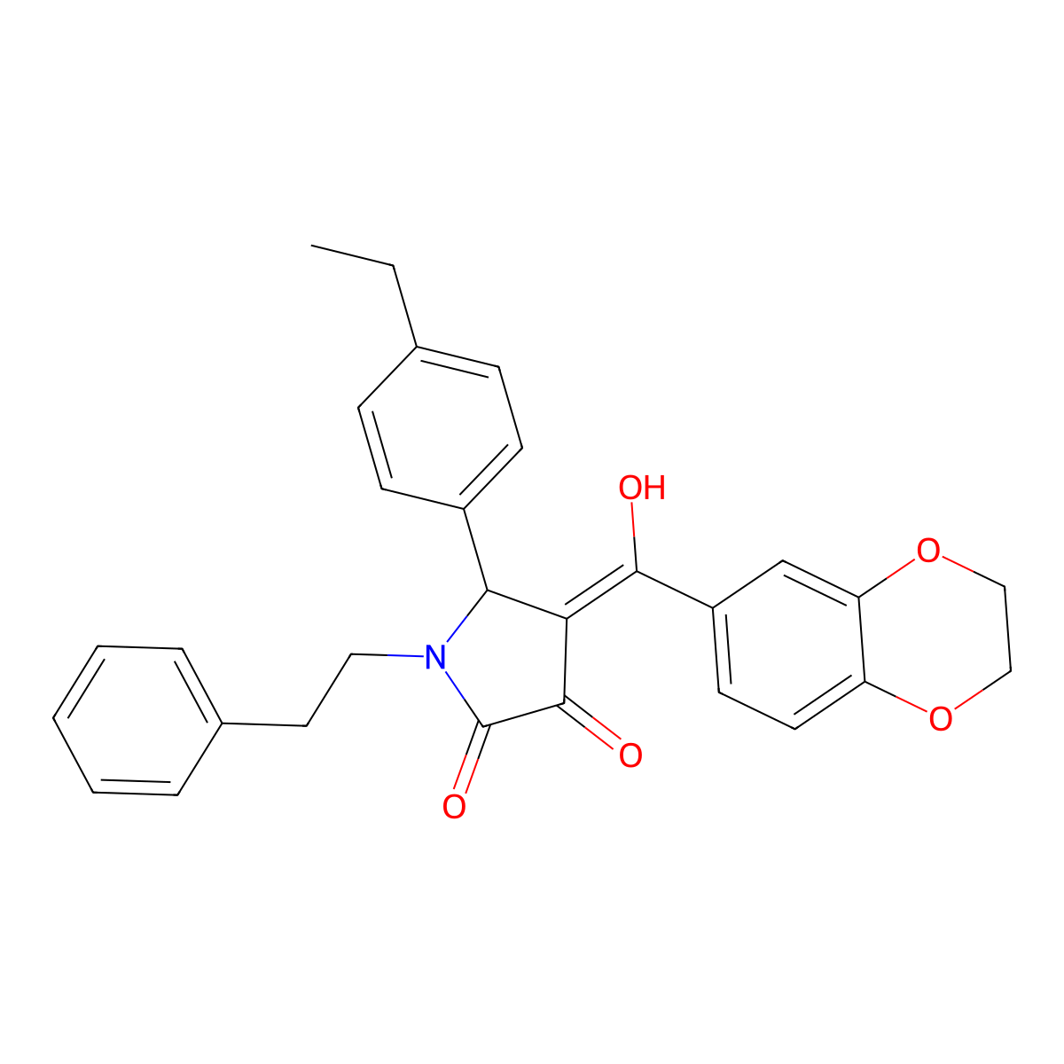 4-(2,3-dihydro-1,4-benzodioxine-6-carbonyl)-5-(4-ethylphenyl)-3-hydroxy-1-(2-phenylethyl)-2,5-dihydro-1H-pyrrol-2-one molecular structure, CAS 573947-60-1