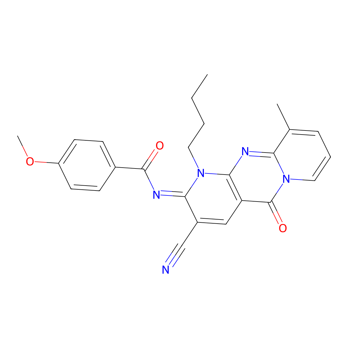 N-(1-butyl-3-cyano-10-methyl-5-oxo-1,5-dihydro-2H-dipyrido[1,2-a:2,3-d]pyrimidin-2-ylidene)-4-methoxybenzamide molecular structure, CAS 573947-72-5