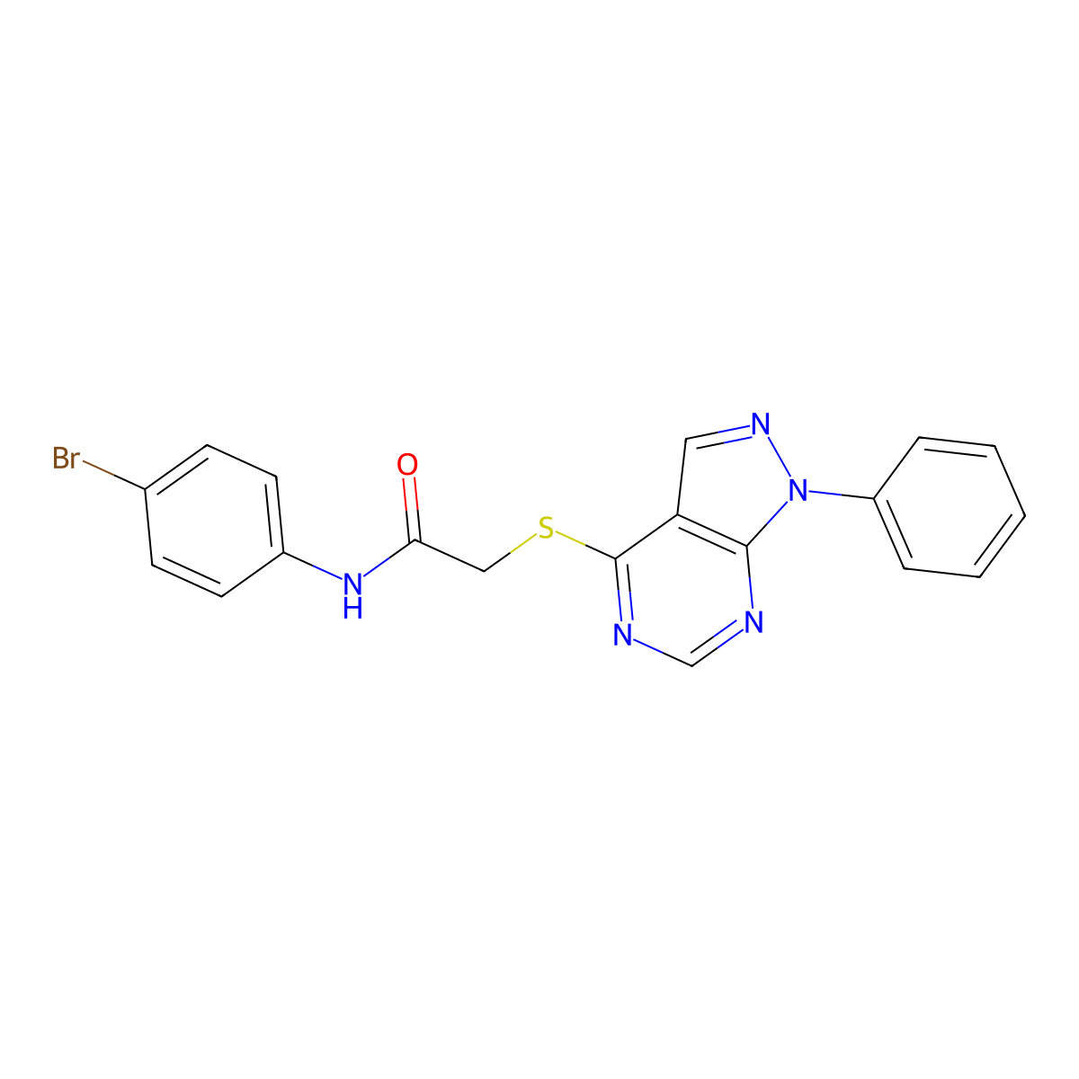 N-(4-bromophenyl)-2-((1-phenyl-1H-pyrazolo[3,4-d]pyrimidin-4-yl)thio)acetamide molecular structure, CAS 573947-92-9