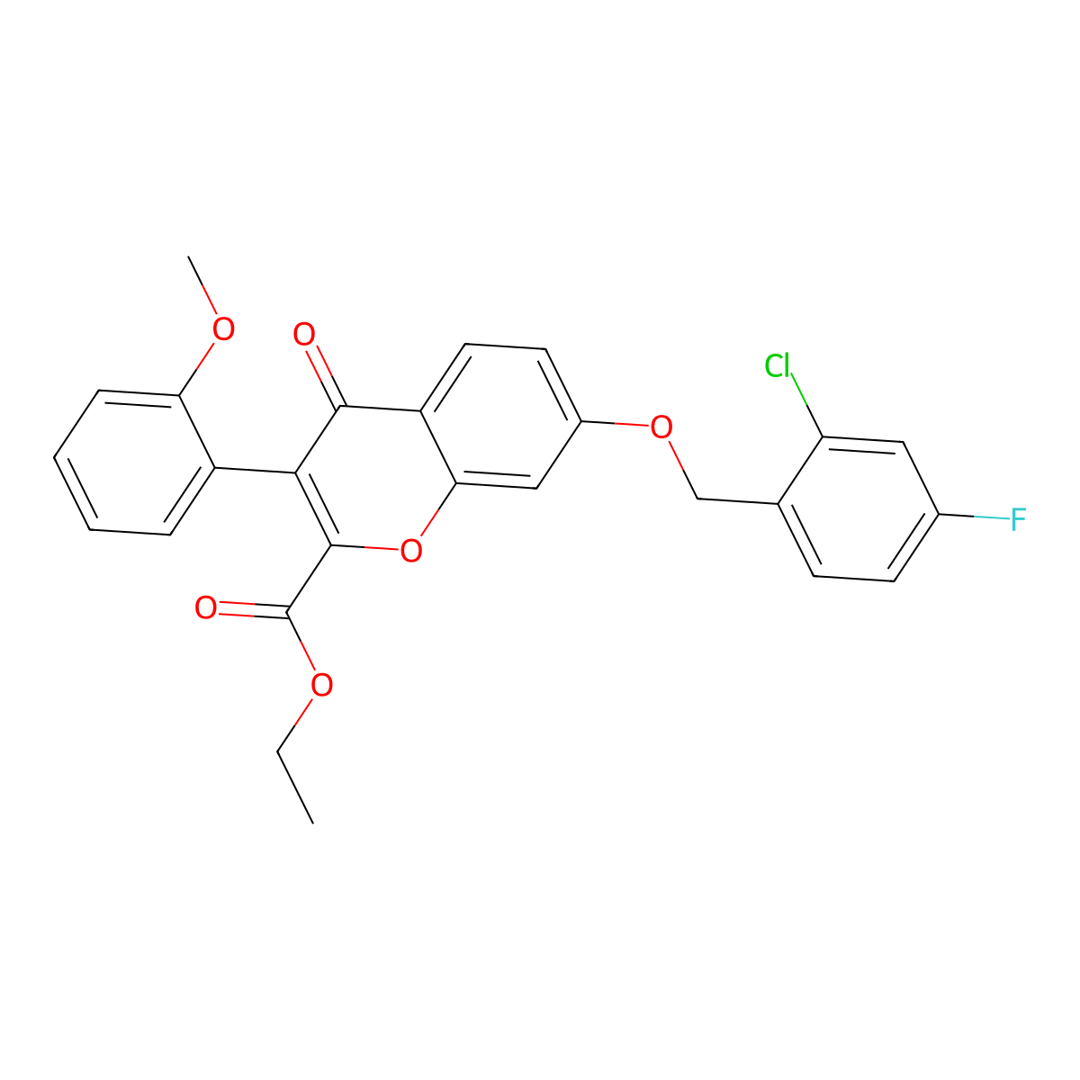 Ethyl 7-[(2-chloro-4-fluorophenyl)methoxy]-3-(2-methoxyphenyl)-4-oxochromene-2-carboxylate molecular structure, CAS 573948-04-6