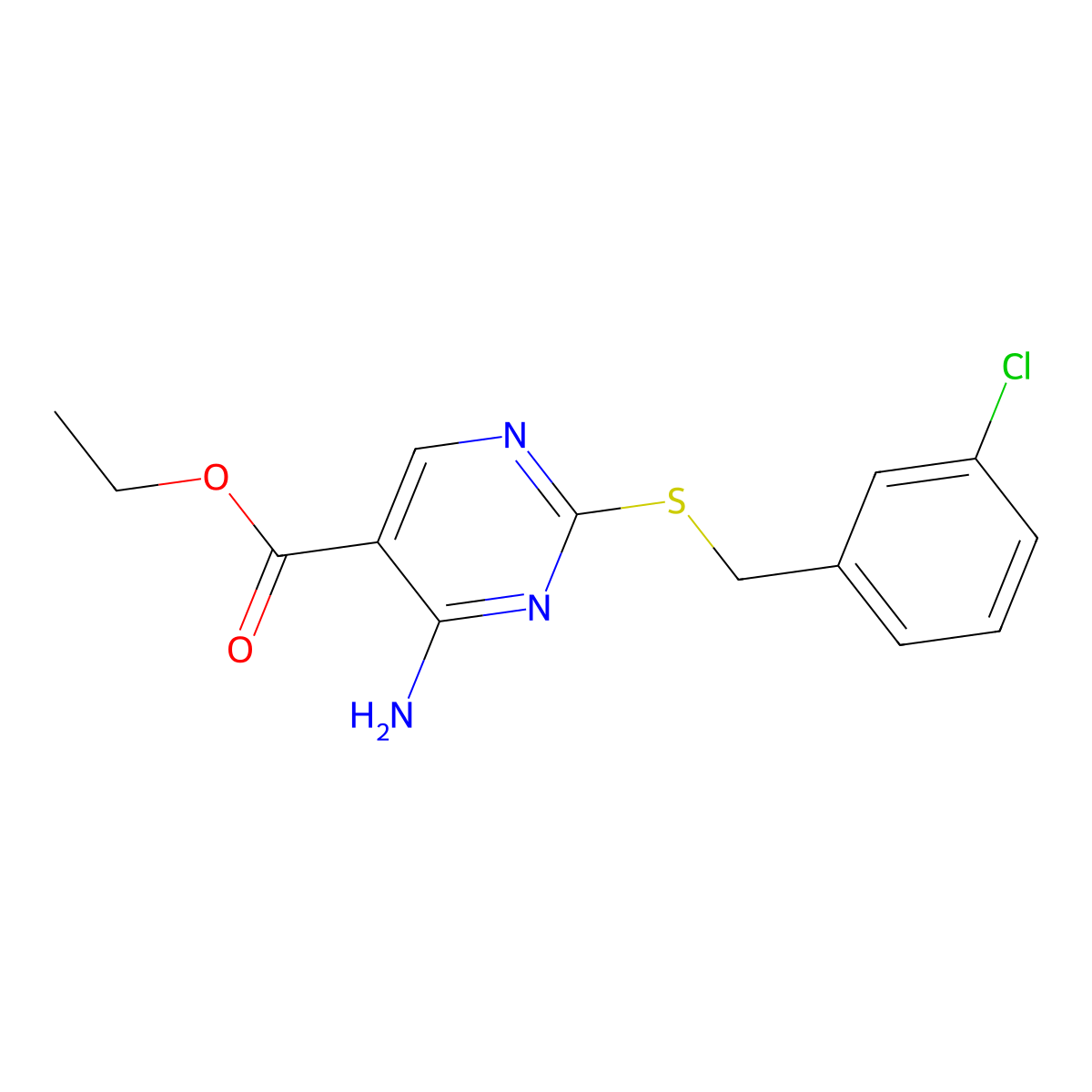 4-Amino-2-(3-chloro-benzylsulfanyl)-pyrimidine-5-carboxylic acid ethyl ester molecular structure, CAS 573948-12-6