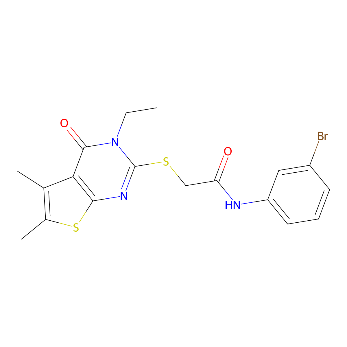 N-(3-Bromophenyl)-2-[(3-ethyl-5,6-dimethyl-4-oxo-3,4-dihydrothieno[2,3-D]pyrimidin-2-YL)sulfanyl]acetamide molecular structure, CAS 573948-54-6