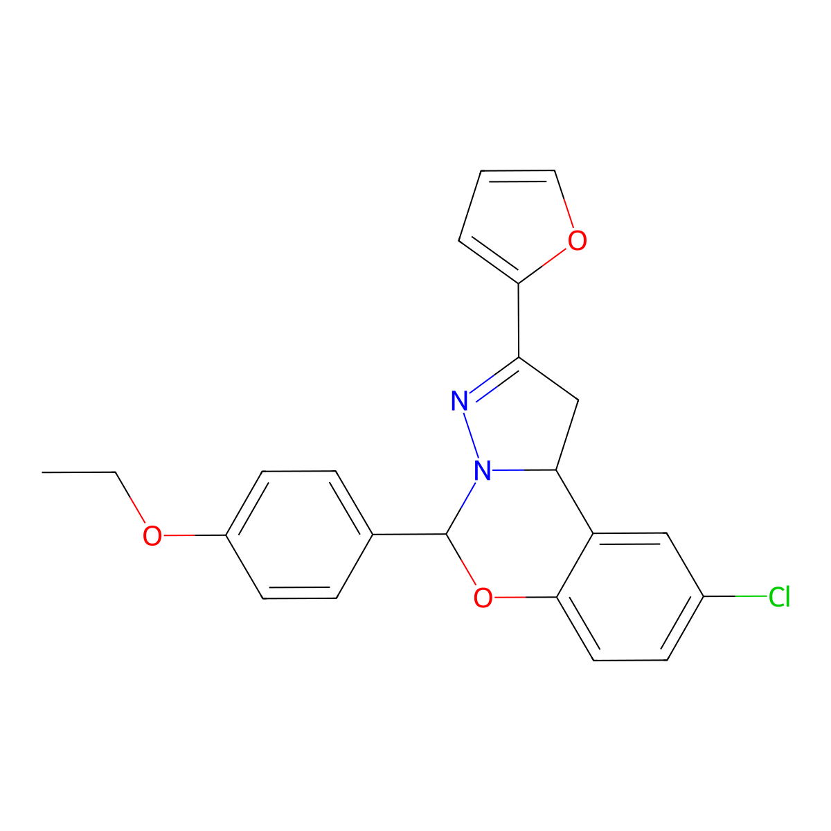 9-Chloro-5-(4-ethoxyphenyl)-2-(2-furyl)-1,10b-dihydropyrazolo[1,5-c][1,3]benzoxazine molecular structure, CAS 573949-88-9