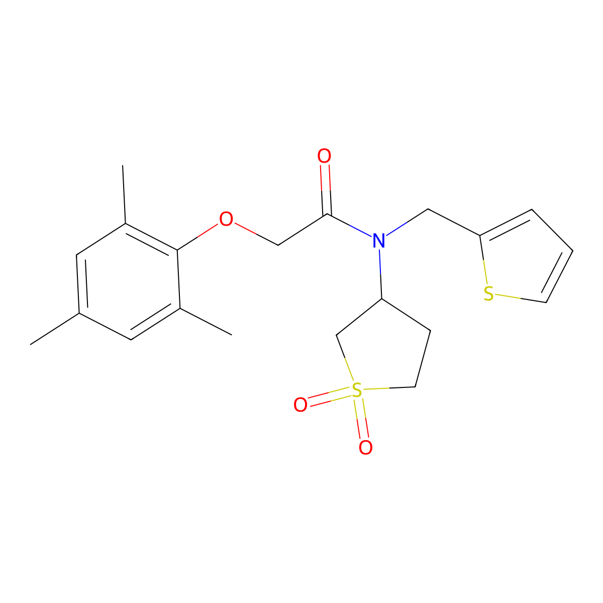 N-(1,1-dioxidotetrahydrothiophen-3-yl)-N-(thiophen-2-ylmethyl)-2-(2,4,6-trimethylphenoxy)acetamide molecular structure, CAS 573950-00-2