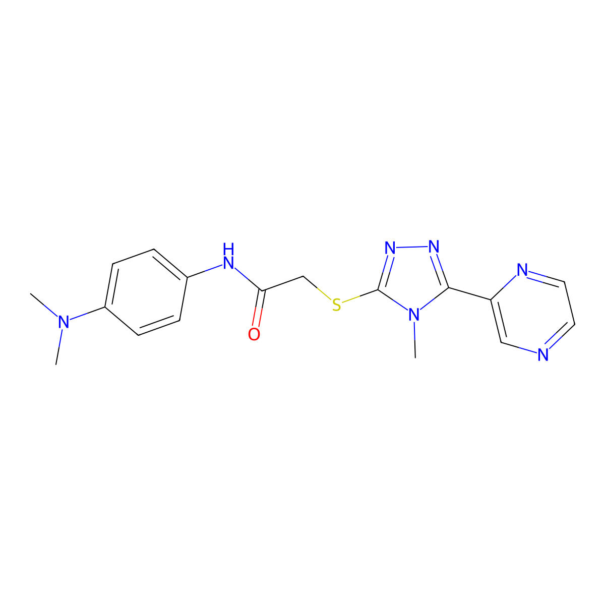 N-[4-(dimethylamino)phenyl]-2-{[4-methyl-5-(pyrazin-2-yl)-4H-1,2,4-triazol-3-yl]sulfanyl}acetamide molecular structure, CAS 573950-04-6