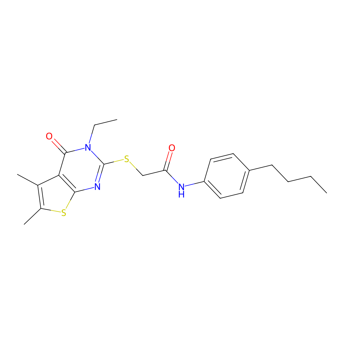 N-(4-Butylphenyl)-2-[(3-ethyl-5,6-dimethyl-4-oxo-3,4-dihydrothieno[2,3-D]pyrimidin-2-YL)sulfanyl]acetamide molecular structure, CAS 573950-40-0