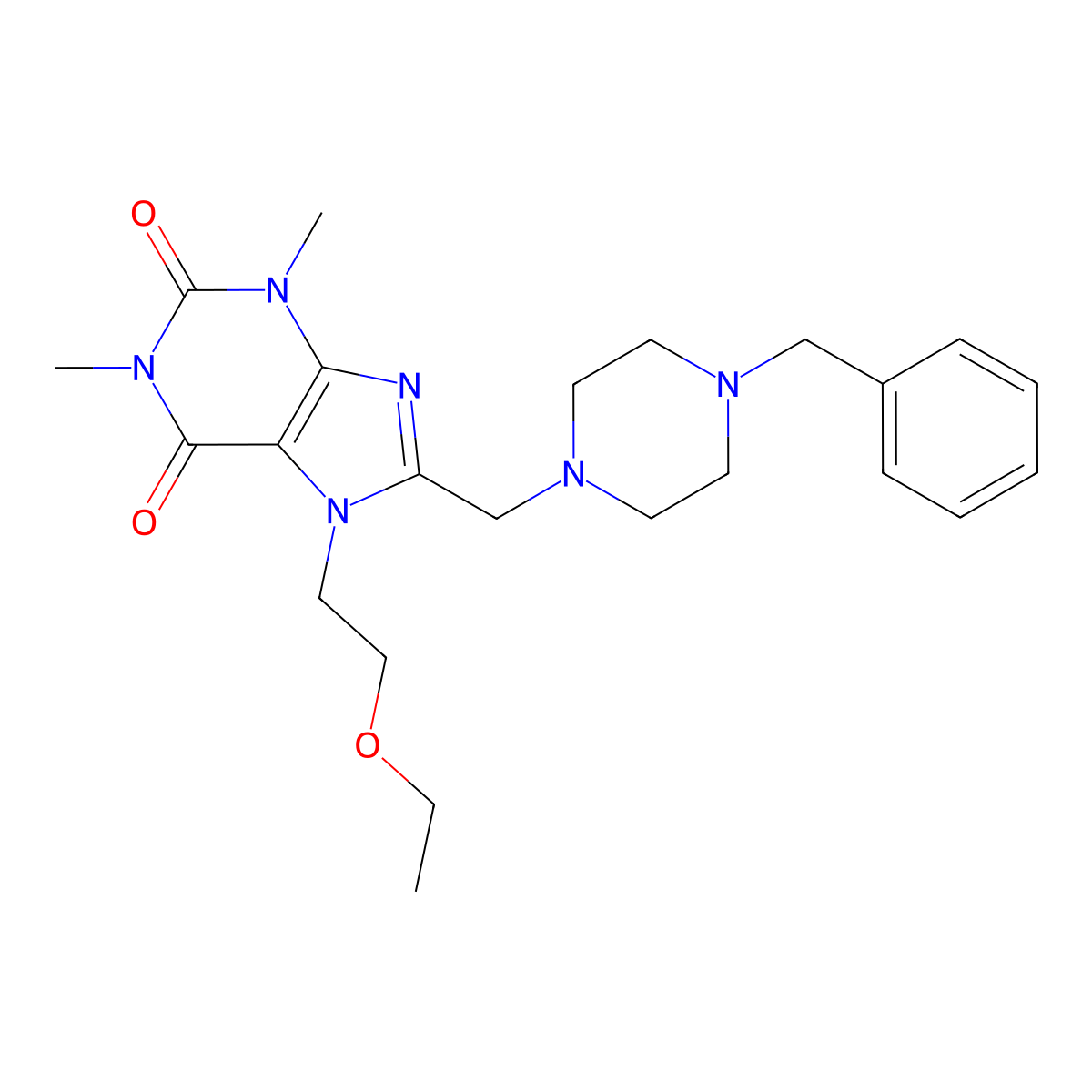 8-[(4-benzylpiperazin-1-yl)methyl]-7-(2-ethoxyethyl)-1,3-dimethyl-3,7-dihydro-1H-purine-2,6-dione molecular structure, CAS 573950-51-3