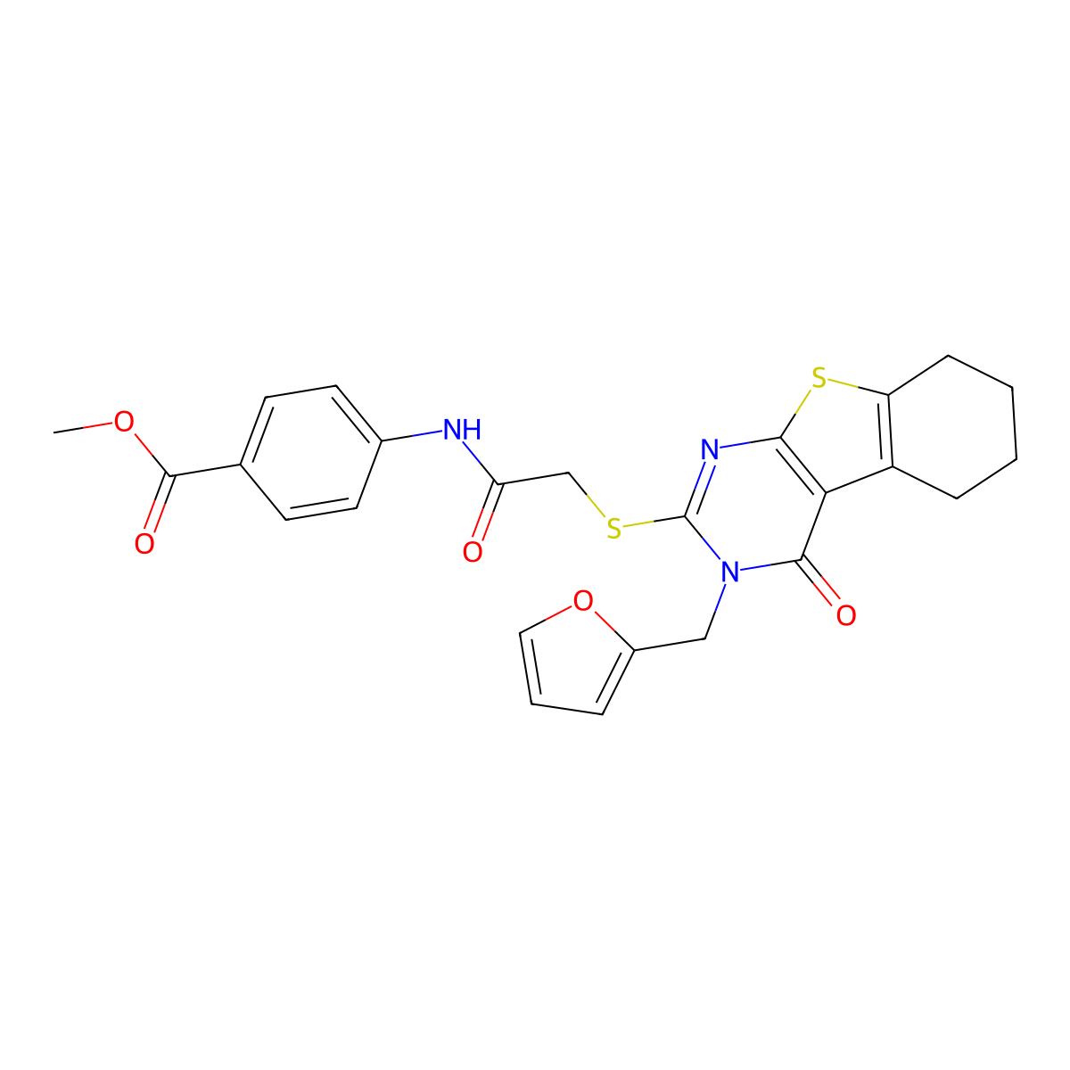 Methyl 4-[({[3-(furan-2-ylmethyl)-4-oxo-3,4,5,6,7,8-hexahydro[1]benzothieno[2,3-d]pyrimidin-2-yl]sulfanyl}acetyl)amino]benzoate molecular structure, CAS 573950-59-1