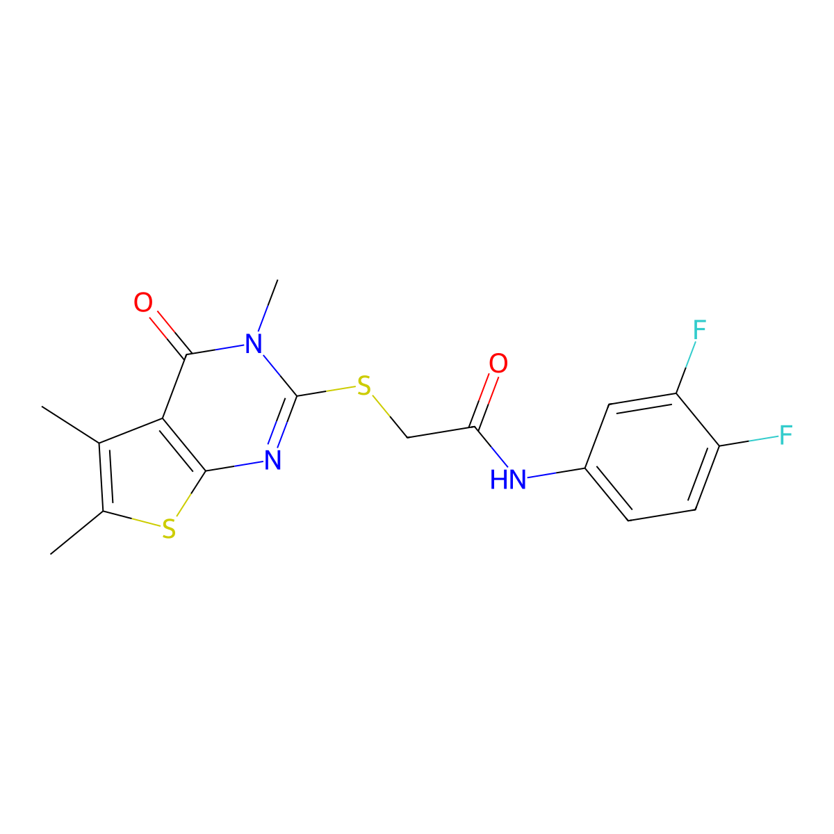 N-(3,4-difluorophenyl)-2-(3,5,6-trimethyl-4-oxo(3-hydrothiopheno[2,3-d]pyrimid in-2-ylthio))acetamide molecular structure, CAS 573950-70-6