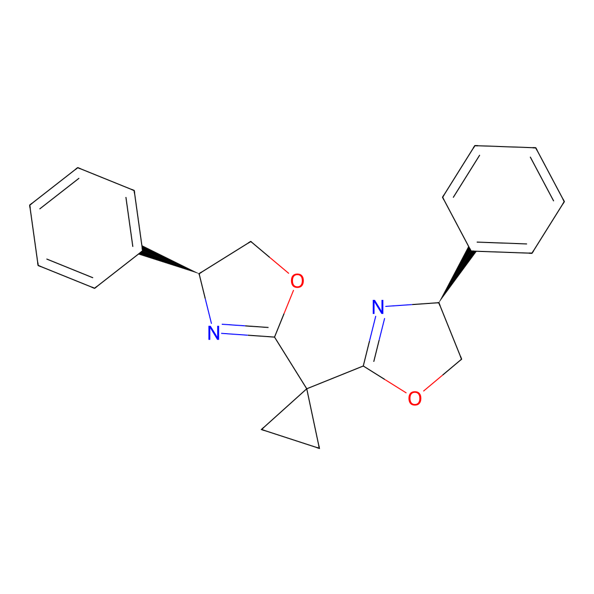 (4S,4'S)-2,2'-(Cyclopropane-1,1-diyl)bis(4-phenyl-4,5-dihydrooxazole) molecular structure, CAS 573968-16-8