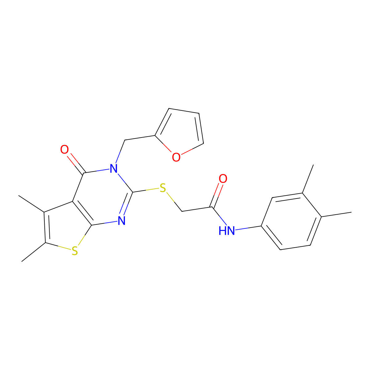 N-(3,4-dimethylphenyl)-2-{[3-(furan-2-ylmethyl)-5,6-dimethyl-4-oxo-3,4-dihydrothieno[2,3-d]pyrimidin-2-yl]sulfanyl}acetamide molecular structure, CAS 573971-05-8