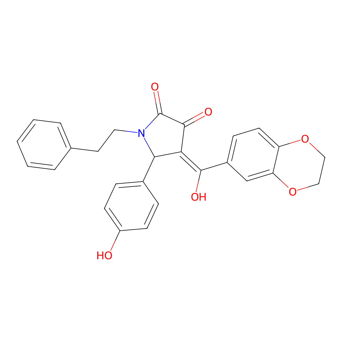 4-(2,3-dihydro-1,4-benzodioxine-6-carbonyl)-3-hydroxy-5-(4-hydroxyphenyl)-1-(2-phenylethyl)-2,5-dihydro-1H-pyrrol-2-one molecular structure, CAS 573972-28-8