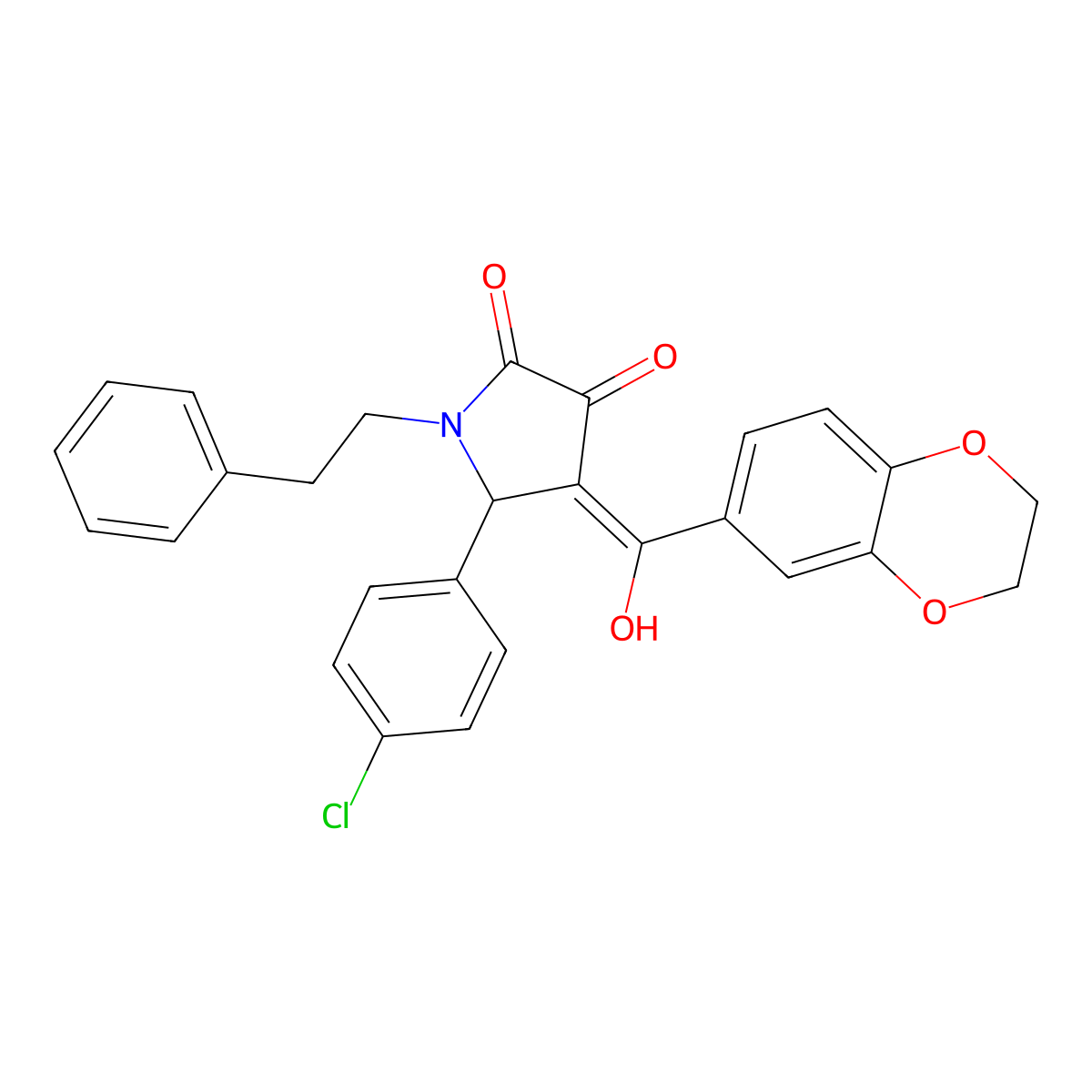 5-(4-chlorophenyl)-4-(2,3-dihydro-1,4-benzodioxine-6-carbonyl)-3-hydroxy-1-(2-phenylethyl)-2,5-dihydro-1H-pyrrol-2-one molecular structure, CAS 573972-44-8
