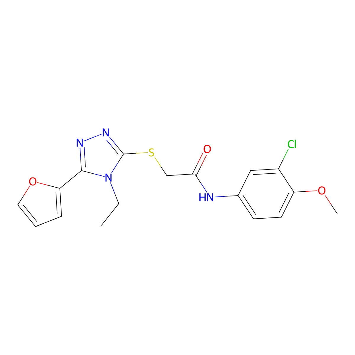 N-(3-Chloro-4-methoxyphenyl)-2-{[4-ethyl-5-(2-furyl)-4H-1,2,4-triazol-3-YL]sulfanyl}acetamide molecular structure, CAS 573972-48-2