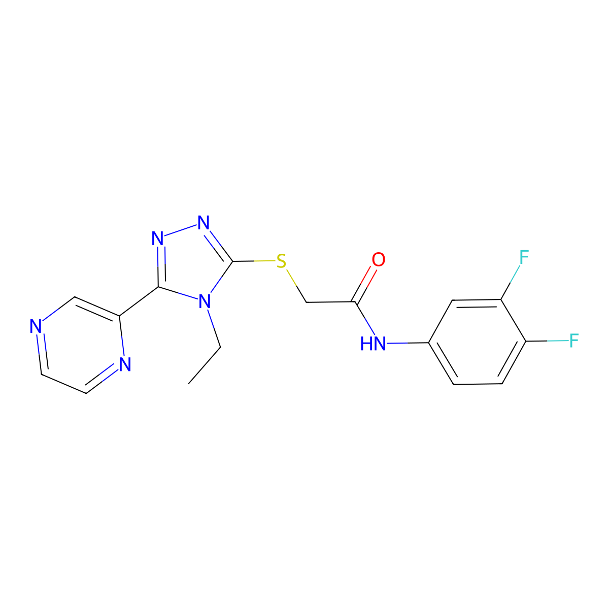 N-(3,4-Difluorophenyl)-2-((4-ethyl-5-(2-pyrazinyl)-4H-1,2,4-triazol-3-YL)sulfanyl)acetamide molecular structure, CAS 573972-53-9