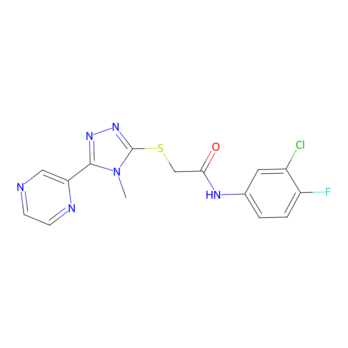 N-(3-chloro-4-fluorophenyl)-2-{[4-methyl-5-(pyrazin-2-yl)-4H-1,2,4-triazol-3-yl]sulfanyl}acetamide molecular structure, CAS 573972-54-0
