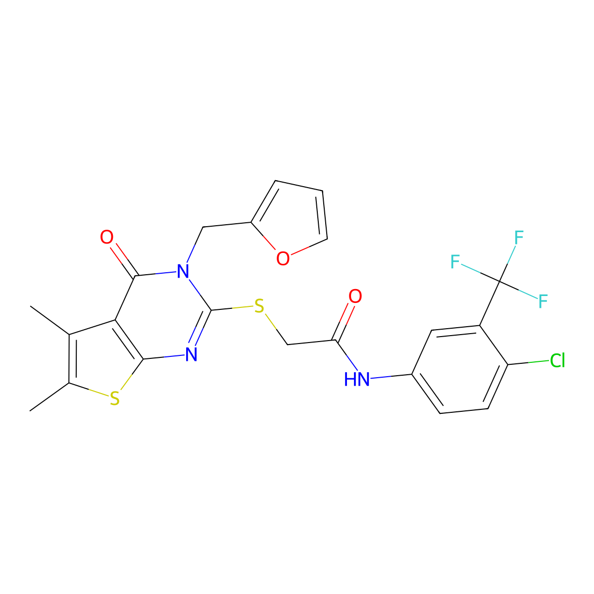 N-[4-chloro-3-(trifluoromethyl)phenyl]-2-{[3-(furan-2-ylmethyl)-5,6-dimethyl-4-oxo-3,4-dihydrothieno[2,3-d]pyrimidin-2-yl]sulfanyl}acetamide molecular structure, CAS 573972-75-5