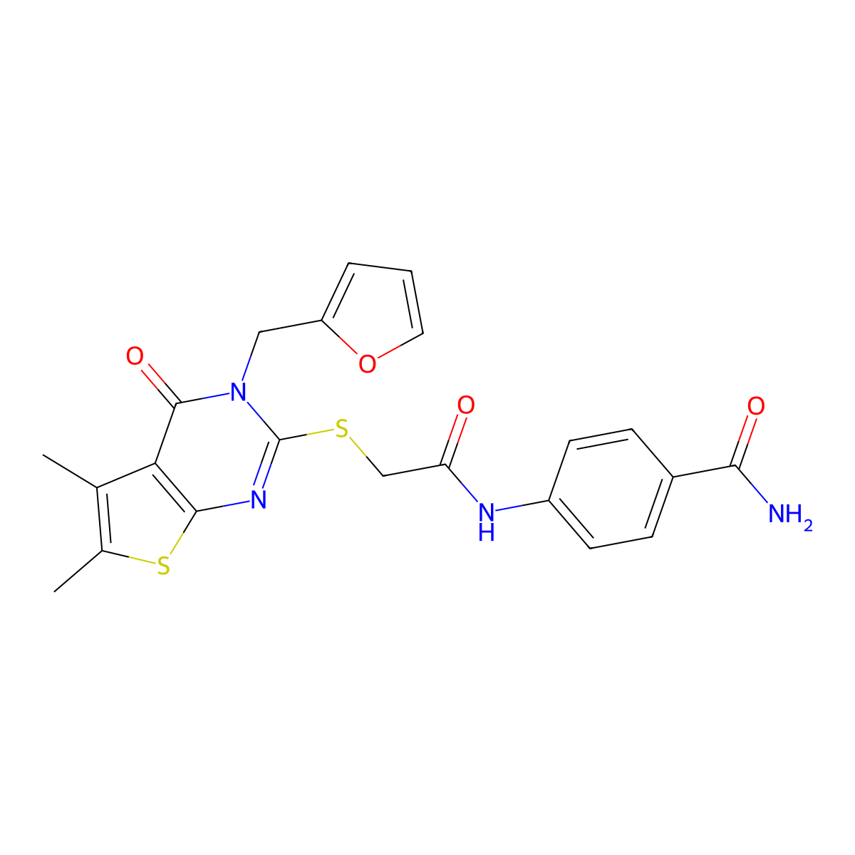 4-[({[3-(Furan-2-ylmethyl)-5,6-dimethyl-4-oxo-3,4-dihydrothieno[2,3-d]pyrimidin-2-yl]sulfanyl}acetyl)amino]benzamide molecular structure, CAS 573972-86-8