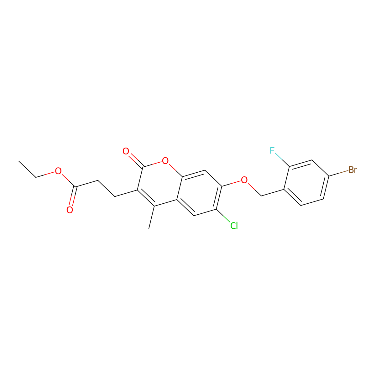 ethyl 3-{7-[(4-bromo-2-fluorobenzyl)oxy]-6-chloro-4-methyl-2-oxo-2H-chromen-3-yl}propanoate molecular structure, CAS 573973-06-5