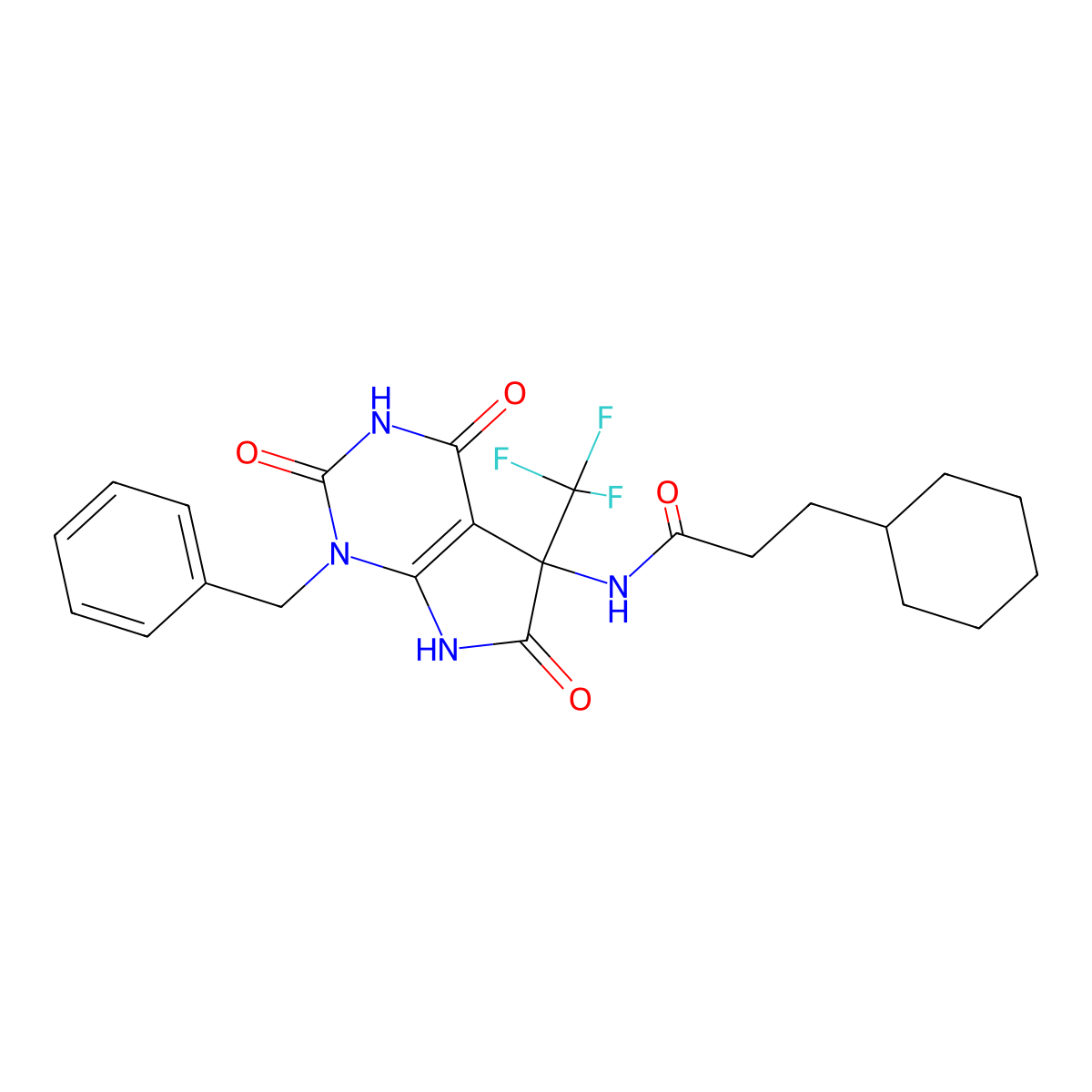 N-[1-benzyl-2,4,6-trioxo-5-(trifluoromethyl)-7H-pyrrolo[2,3-d]pyrimidin-5-yl]-3-cyclohexylpropanamide molecular structure, CAS 573973-16-7