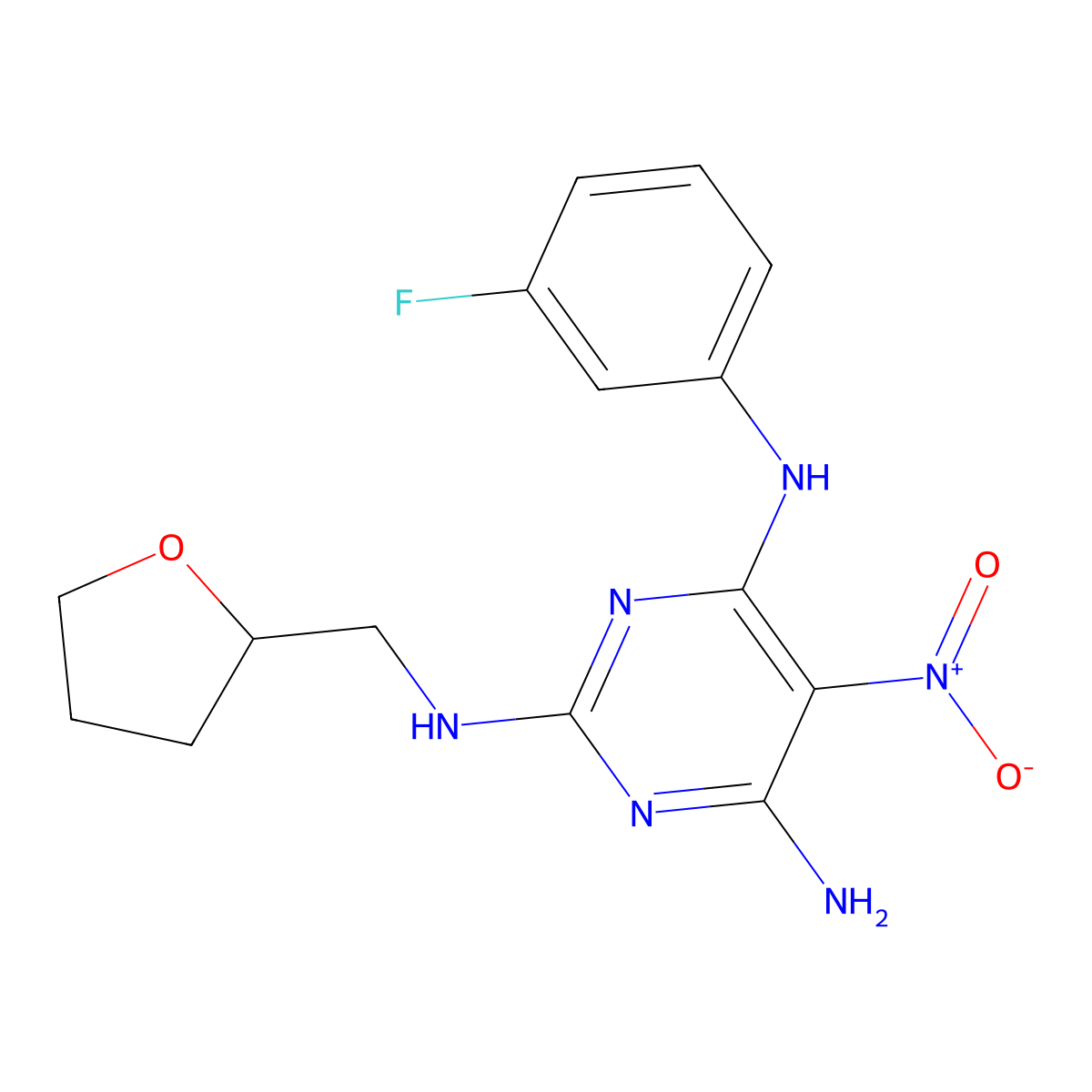4-N-(3-fluorophenyl)-5-nitro-2-N-(oxolan-2-ylmethyl)pyrimidine-2,4,6-triamine molecular structure, CAS 573973-22-5